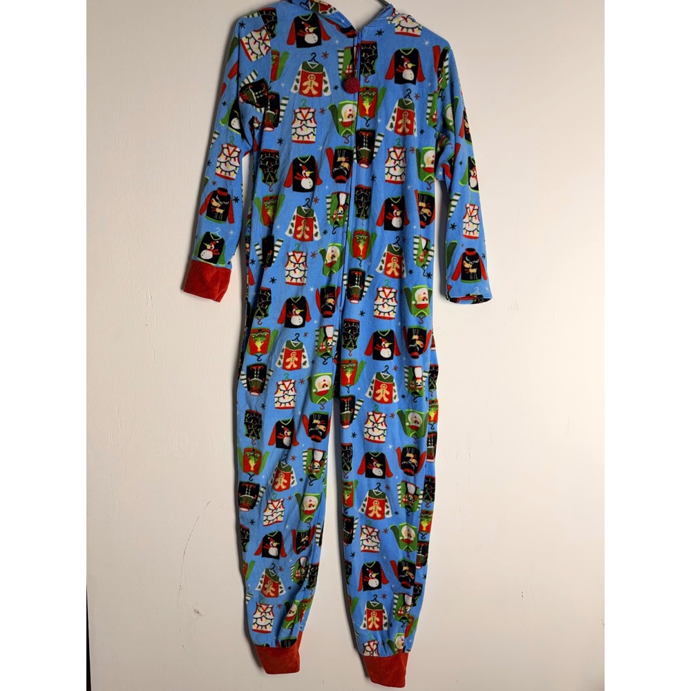 Holiday Ugly Sweater Fleece Hooded Union Suit Christmas Pajamas Blue Mens Medium